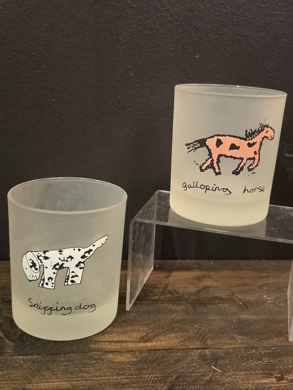 VTG Dartington Designs France Frosted Lowball Glasses Dog And Horse
